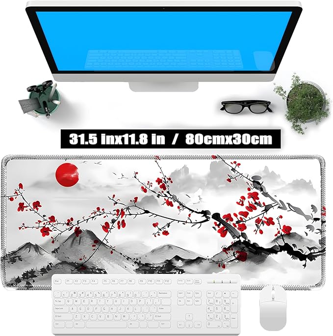 Japanese Sakura Mouse Pad 31.5x11.8 Inch Watercolor Cherry Blossom Floral White Desk mat Large Non-Slip Rubber Base Waterproof with Stitched Edges for Gaming and Office(Red Moon)