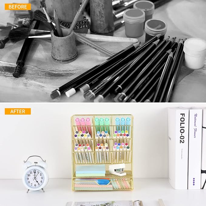Spacrea Mesh Pen Organizer - Pencil Holder for Desk, Desk Organizer with Drawer for School, Home, Art Supplies (Gold)