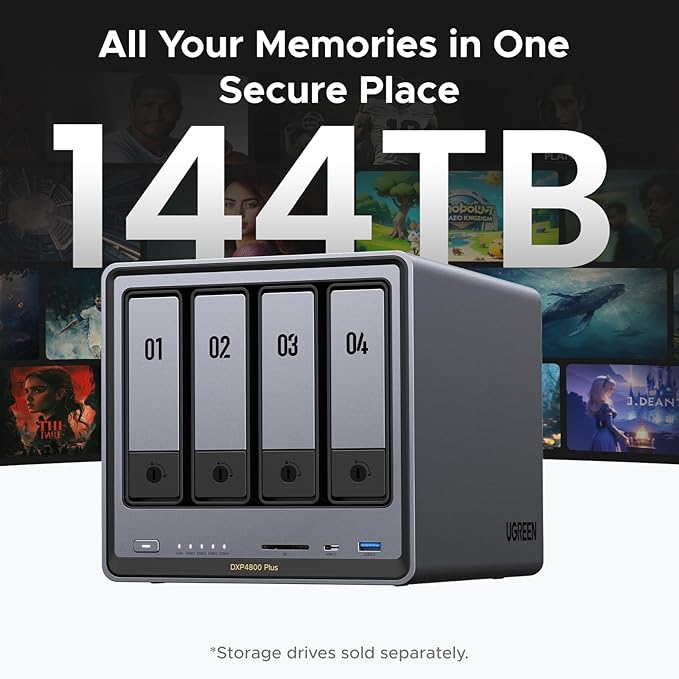 UGREEN NASync DXP4800 Plus 4-Bay Desktop NAS, Intel Pentium Gold 8505 5-Core CPU, 8GB DDR5 RAM, 128G SSD, 1 * 10GbE, 1 * 2.5GbE, 2 * M.2 NVMe Slots, 4K HDMI, Network Attached Storage (Diskless)