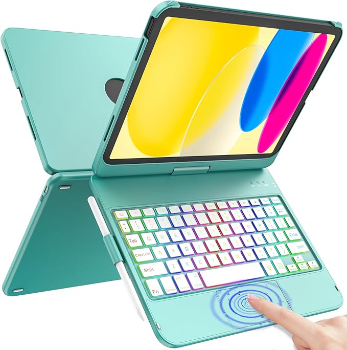 HOTLIFE for iPad A16 11th Generation/10th Generation Case with Keyboard,Touch Keyboard for iPad 11" /10th Gen 10.9 inch 2022-10 Color Backlight, 360° Rotatable Protective Cover (Lake Blue)