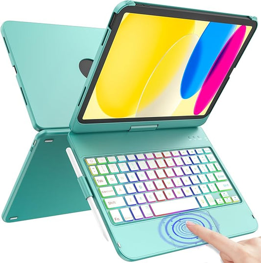 HOTLIFE for iPad A16 11th Generation/10th Generation Case with Keyboard,Touch Keyboard for iPad 11" /10th Gen 10.9 inch 2022-10 Color Backlight, 360° Rotatable Protective Cover (Lake Blue)