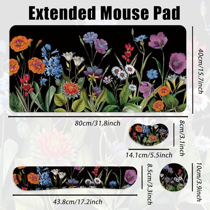 4 in 1 Large Keyboard Mouse Pad Set, Ergonomic Keyboard Wrist Rest Pad, Wrist Support Mousepad Set, Cup Coaster, Extended Desk Mat for Home Game Women Office Desk Decor Accessories(Floral)
