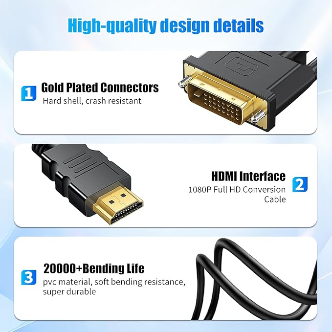 HDMI to DVI Adapter Cable,Bi Directional DVI-D 24+1 Male to HDMI Male Cable,High Speed Adapter Cable Support 1080P Full HDMI Compatible with Raspberry Pi,Roku,X-Box One,PS3/4/5,Graphics Card,2m