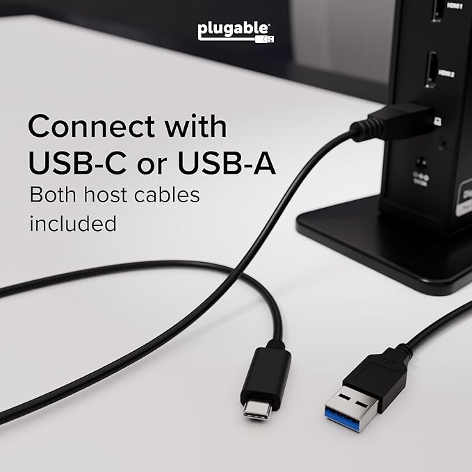 Plugable USB 3.0 and USB-C Universal Laptop Docking Station with 2 HDMI Ports for Windows, Mac (Driver Required), and ChromeOS, Gigabit Ethernet, Audio