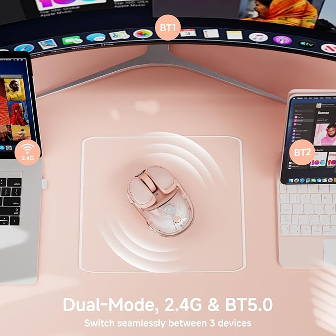 EWEADN Q9 Wireless Clear Mouse Dual Mode Bluetooth & 2.4G USB Computer Mouse with RGB Lighting, Silent Clicks, Multi-Device Compatibility for Laptop, PC, MacBook, iPad Cute Mouses-Gradient