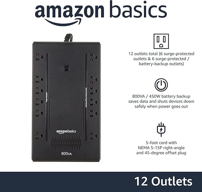 Amazon Basics UPS Battery Backup & Surge Protector, 800VA/450W, 12 Outlets, Standby Uninterruptible Power Supply, Compact, Black