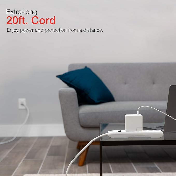 GE Surge Protector Power Strip,20 Ft Extension Cord,6 Outlet Extender,800 Joules,Flat Plug,Twist-to-Close Safety Covers,ETL Listed,White,50770 (Pack of 8)