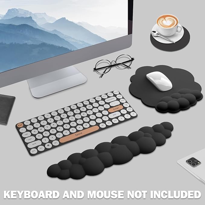 Cloud Keyboard Wrist Rest and Mouse Pad with Wrist Support Set, Ergonomic PU Leather Mouse Pads, Pain Relief Memory Foam Non-Slip Mousepad for Computer,Laptop, Black