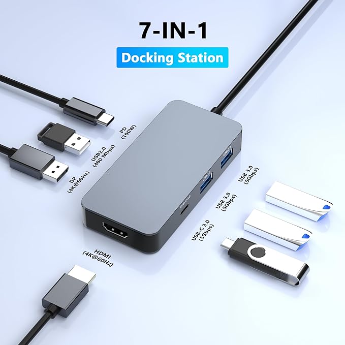 4K@60Hz HDMI Display Port USB C Docking Station Dual Monitor for Dell/HP/Mac Laptop, 7 in 1 USB C to HDMI and Displayport Multiport Adapter with USB3.0/USB-C Data/PD, Dual Monitor Docking Station
