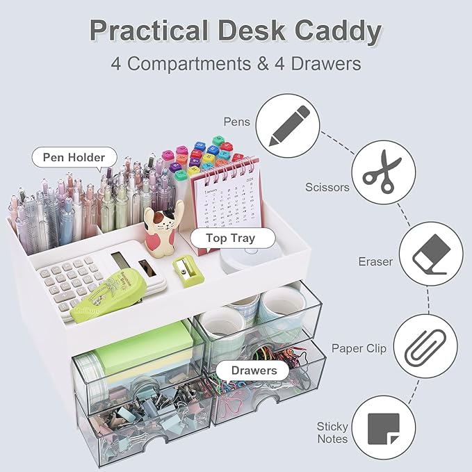 Desk Organizer, Office Organizer with Drawer, Desk Accessories & Workspace Organizers, Pen Holder Office Supplies for Desk (4 Drawers+4 Compartments, White)