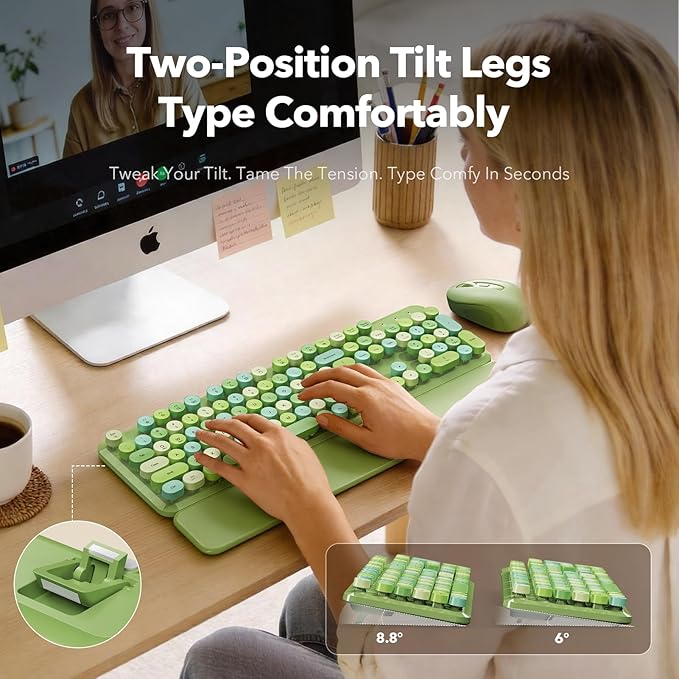 Wireless Keyboard and Mouse Combo with Detachable Magnetic Wrist Rest, Retro Typewriter-Style Keyboard, Round Keycaps, 3-Level DPI Ergonomic Mouse, 2.4GHz for Windows PC/Laptop (Sage Green Mix)
