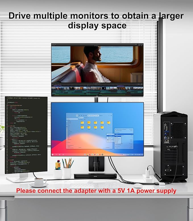DisplayPort to Dual DisplayPort with HDMI Adapter 4K@60Hz, Extended Display 1 in 3 Out MST Hub for Multiple Monitors Compatible with PC,NVIDIA/AMD Graphics Card