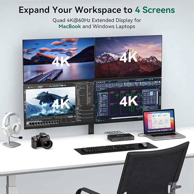 DisplayLink Docking Station 4 Monitor, Quad HDMI 4K@60Hz, PD 100W, USB 3.2 10 Gbps, 15 in 1 Thunderbolt 5/4/3, Laptop USB C Dock for Windows, M1/M2/M3/M4/Mac