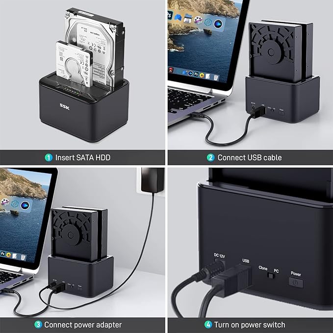 SSK Aluminum Hard Drive Docking Station, USB 3.0 to SATA Dual Bay External HDD Dock Caddy Reader for 2.5 & 3.5 inch SATA HDD SSD, with UASP Offline Cloner/Duplicator Function (2x20TB Supports) Black