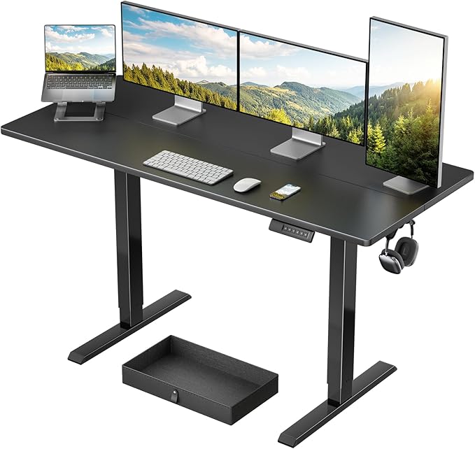 Marsail 48x24 Electric Standing Desk with Drawer, Computer Desk, Sit Stand Office Table with Storage & Hooks & Cable Management, Ergonomic Height Adjustable Table for Home Office, Black
