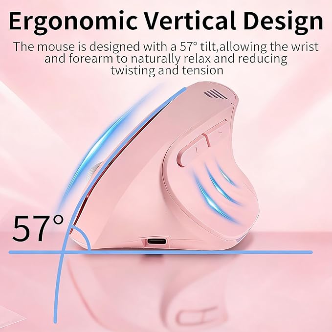 Bluetooth Wireless Dual-Mode Vertical Mouse - Silent Click, Ergonomic Comfort for Office & Home Use, Rechargeable with LED Breathing Light, Compatible with Multiple Devices (Pink)