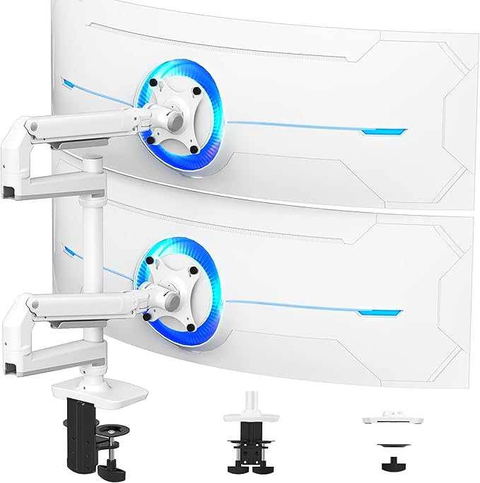 Premium Dual Monitor Stand for Desk, High-Grade Aluminum Stacked Monitor Arm with Heavy-Duty Mechanical Spring, Adjustable Vertical Double Monitor Mount for 13-40 inch Screens, White