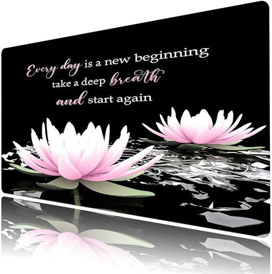 LB Pink Water Lily Flower Inspirational Large Mouse Pad with Motivational Quotes, Non-Slip Rubber Base Black White Aesthetic Desk Pad for Home, Office, Gaming Mouse Mat, 15.75" x 31.5"