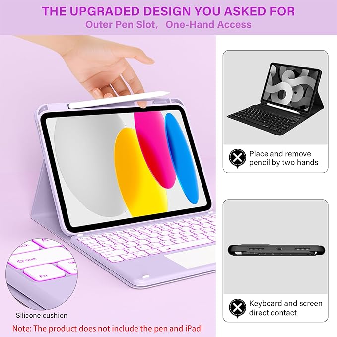 for iPad A16 11th 10th Case with Keyboard: Backlit Keyboard Case with Trackpad & Pencil Holder, Magnetic Detachable for Students Daily Learning & Note-Taking, Taro Purple