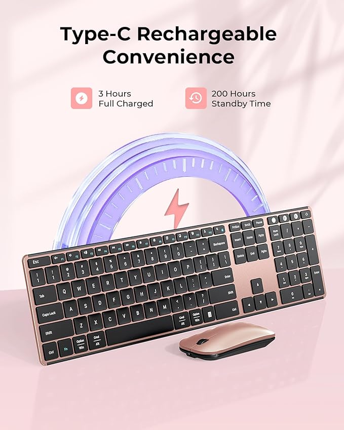 seenda Wireless Bluetooth Keyboard and Mouse Combo, SKM64-3 Rechargeable Slim Quiet Keyboard Mouse, 3 Multi-Device Connection, Compatible for Windows, Mac, MacBook, iPad, Tablet, Black Rose Gold