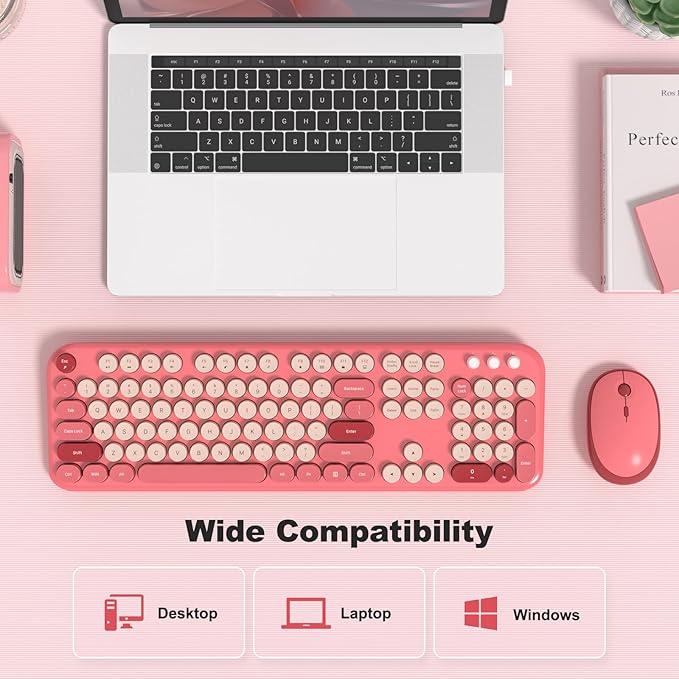 Wireless Keyboard Mouse Combo, Typewriter Full Size Keyboard with Number Pad and 2 in 1 USB Connected Mouse for Windows 7/8/10, Laptop, Desktop, PC, Computer