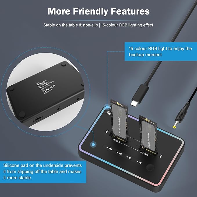M.2 Duplicator Cloner Dual-Bay Offline USB C to NVME SATA Docking Station, M.2 Reader 20Gbps for Both (M Key, B+M Key) PCIE NGFF Dock, Size 22110 2280 2260 2242 2230 Enclosure - NN/SS RGB