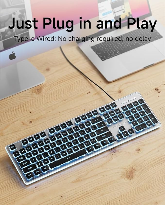 EWEADN GX710S Backlit Computer Keyboards, Wired USB Keyboard with Blue Backlit, Metal Panel, Plug and Play, Pudding Keycaps Full Size Quite Computer Keyboard for Win/PC/Laptop-Black