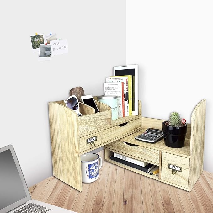 Ikee Design Large Extendable Wooden Desktop Organizer For Office Supplies, Storage Shelf Rack Book Shelf, Stationary Compartment Holder, Back to School, 17 1/4 W x 7 1/2 D x 12 H in