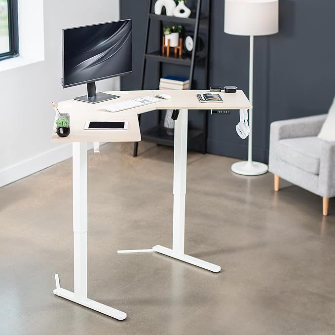 VIVO Electric Corner L-Shaped 47 x 47 in Standing Desk, Memory Height Adjustment, Light Wood Top White Frame, DESK-E1L94C