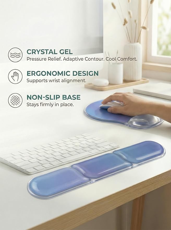 icolor Crystals Gel Mouse Pad Keyboard Wrist Rest Set, Ergonomic Keyboard & Mousepads Wrist Support, Non Slip Gel Keyboards Wrist Rest Desk Pad for Computer Laptop Gaming Office Gift (MicroBlue)