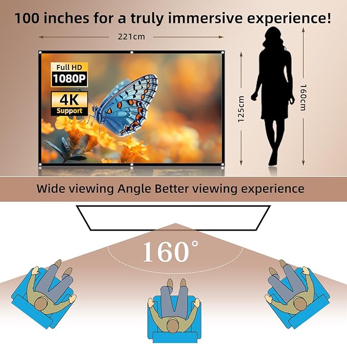 100inch Projector Screen Indoor Outdoor - Salange White Projection Screen 4K 3D HD,16:9, Foldable Wrinkle-Free and Double Sided Screen for Outside, Home, Backyard, Classroom (100 inch)