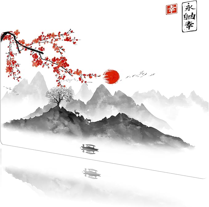 EOBTAIN Japanese Large Gaming Mouse Pad Cherry Blossom Keyboard Mat 31.5x15.7 Inch Mountain Landscape XXL Thin and Big Extended Desk Mat Smooth Non-Slip Rubber Mousepad Stitch Desk Accessories