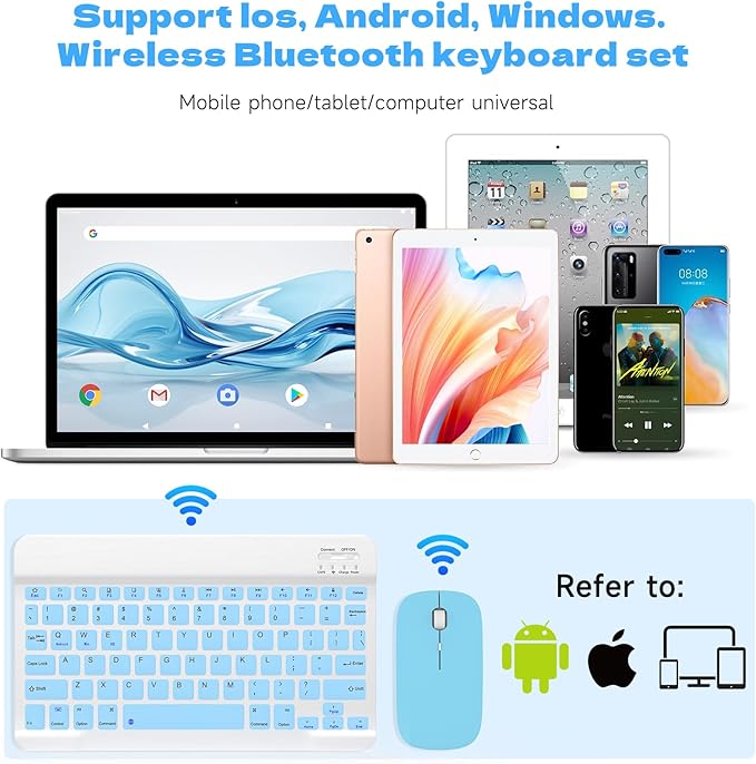 Bluetooth Keyboard and Mouse Combo, Qwert Layout Universal Ultra-Slim Wireless Keyboard Mouse Set for Android Windows iPad iPhone Samsung Tablet Portable Compact Keyboard Set, Light Blue