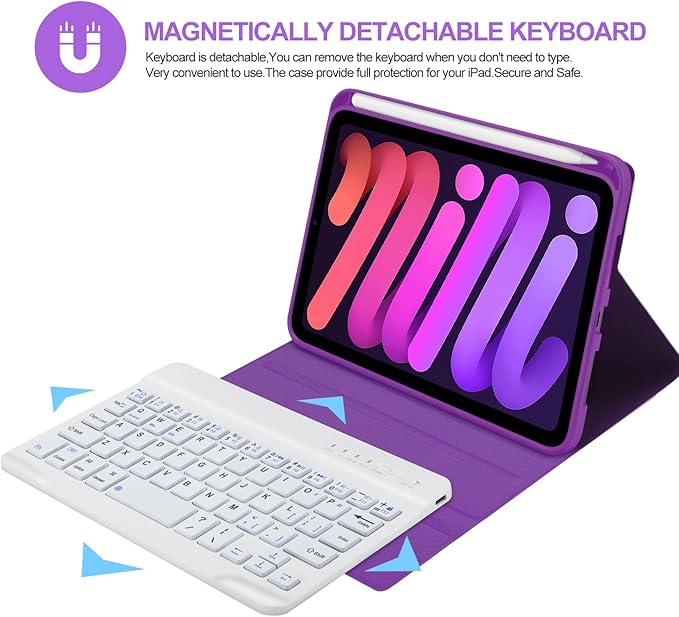 BORIYUAN iPad mini 7th Keyboard Case 2024, Detachable Wireless Bluetooth Keyboard Slim Folio Smart Cover with Build-in Pencil Holder for iPad mini 6th Generation 8.3 inch 2021 – Purple
