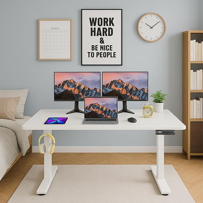 Electric Standing Adjustable Height Desk, 55'' x 24''Computer Workstations with Wheels and Double Hooks, 27''-46'' Lifting Range Stand up Desk(White)
