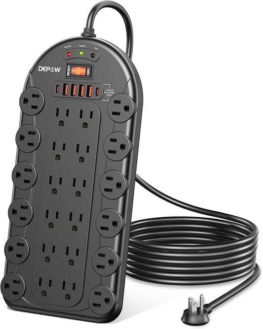 6.5 Ft Power Strip Surge Protector with 24 AC Outlets (1875W/15A) 6 USBs (2 USB-C Ports), 3,400 Joules, Heavy Duty Flat Plug Extension Cord, Wall Mountable for Home, Office, Black, ETL Listed