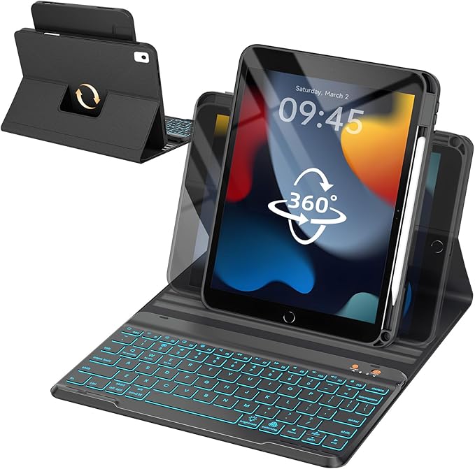 OYEEICE for iPad 9th Generation Case with Keyboard - Detachable Backlit Keyboard - Rotatable Cover with Pencil Holder for iPad 9th/8th/7th Gen, iPad Air 3rd Gen & iPad Pro 10.5" - Black