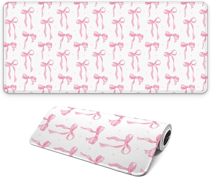 Large Computer Mouse Pad with Non-Slip Base for Desktop, Cute Gaming Mouse Mat with Stitched Edges, Long Extended Anime Mousepad for Laptop, 31.5 x 11.8 inches (Cute Ribbon Bow)