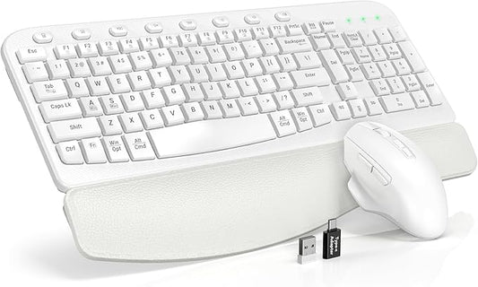 SABLUTE Wireless Keyboard and Mouse Combo, Ergonomic Wave Keys, Cushioned Plam Rest, Comfortable Silent Natural Typing, 2.4G Lag-Free, MA12 Full Size Keyboards Set for Multi-OS, Windows/Mac, White