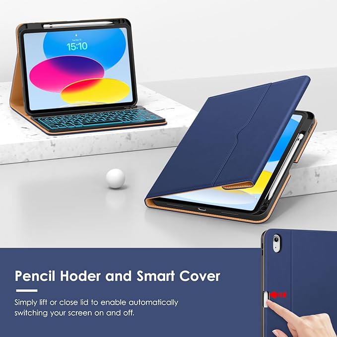 VIKESI Keyboard Case for iPad (A16,2025) 11th Generation/iPad 10th Generation Case (10.9" 2022),Premium Leather Smart Cover,Built-in Breathing Light,Function Row,Pencil Holder,Card Slots - Navy Blue