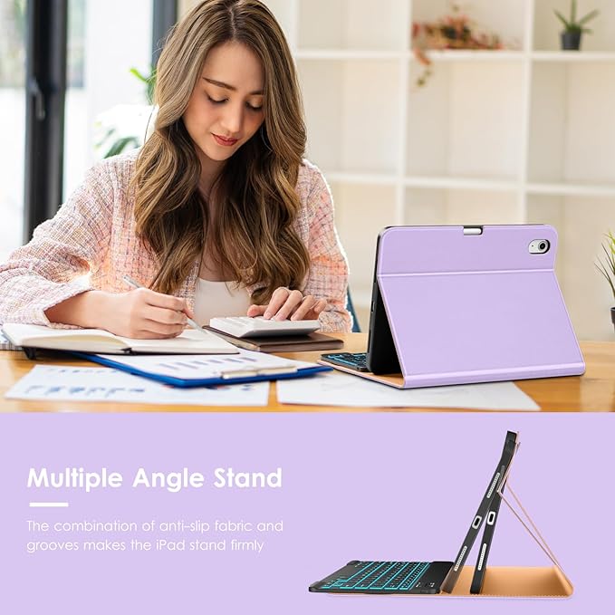 VIKESI Keyboard Case for iPad (A16,2025) 11th Generation/iPad 10th Generation Case (10.9" 2022),Premium Leather Smart Cover,Built-in Breathing Light,Function Row,Pencil Holder,Card Slots - Taro Purple