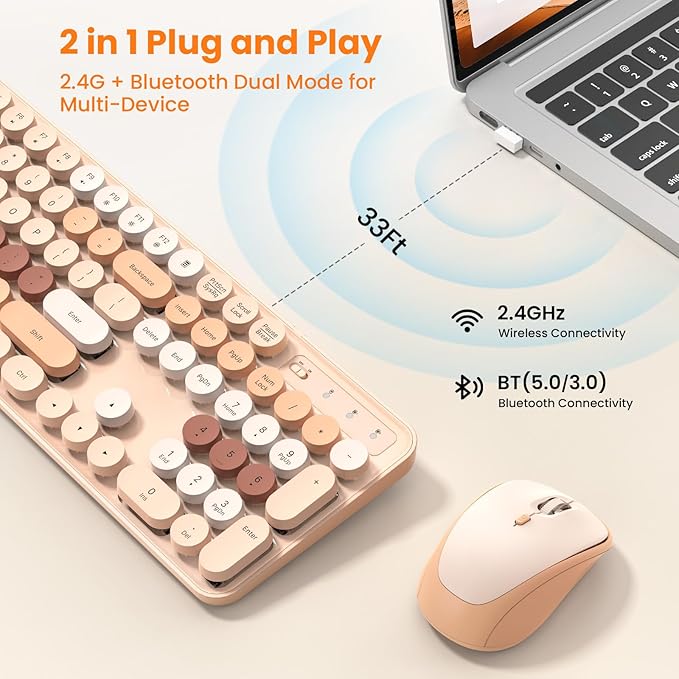 TECKNET Colorful Wireless Keyboard and Mouse Combo, Dual Bluetooth & 2.4G, Quiet Retro Typewriter Style, Full Size Bubble Keyboard with Number Pad, Aesthetic Desk Set for Laptop, PC, and Office Use