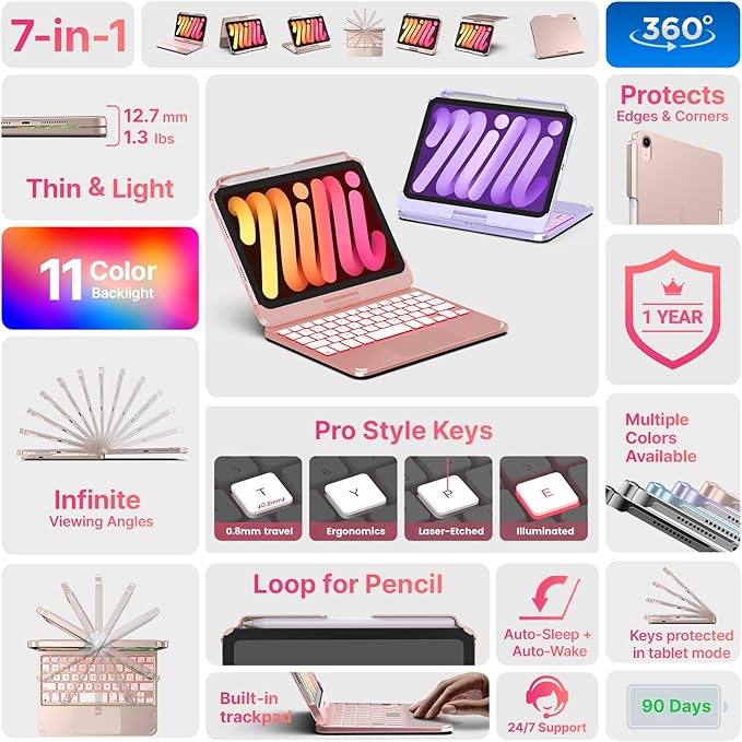 typecase Keyboard Case for iPad mini 7 (2024) & mini 6 (2021) - Wireless Case with Keyboard for iPad mini 7th 6th Generation 8.3" - 11 Colors Backlit Keyboard Cover with Trackpad - Rose Gold