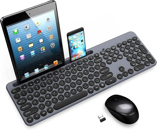 LeadsaiL Wireless Keyboard and Mouse Combo, Full-Sized Ergonomic Computer Keyboard with Phone Tablet Holder, 2.4GHz Silent Cordless Keyboard Mouse Set for Windows Laptop, PC, Desktop - Grey