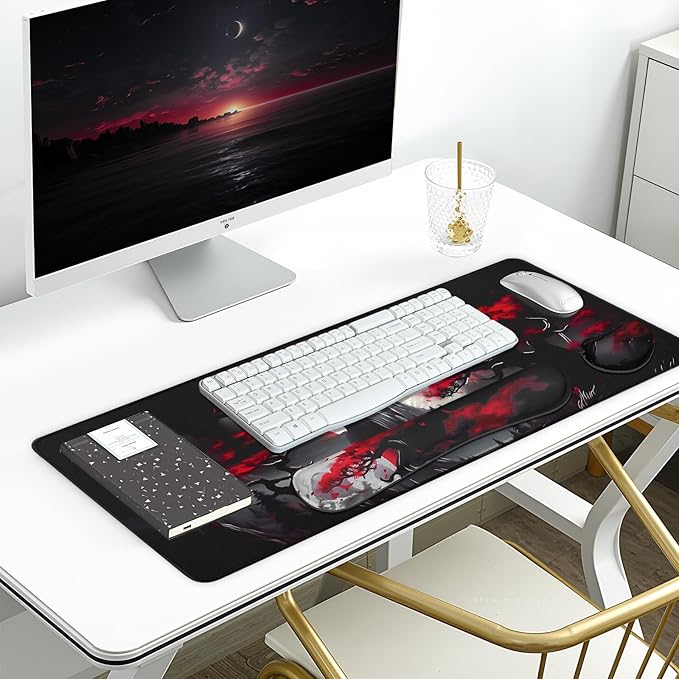 3-in-1 Large Gaming Mouse Pad Set, Anime Mouse Pad & Keyboard Wrist Rest, Memory Foam Ergonomic, Mountain Moon Scenery XL Desk Mat Set Suitable for Home Office,31.5 X 11.8 Inch