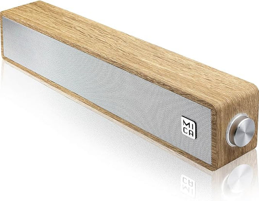 MICA Computer Speakers, Vintage Wired Computer Sound Bar, Retro Wooden Mini Soundbar, 3.5mm Aux Connection, USB Powered PC Speakers for Desktop Monitor, Laptop, Tablets (Yellow)