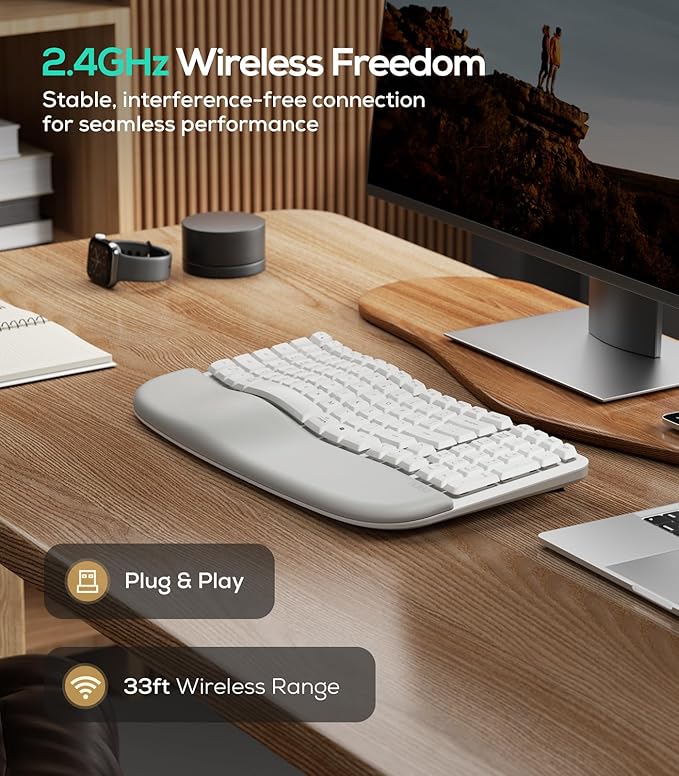 Nulea RT08 Wave Keys Wireless Ergonomic Keyboard with Cushioned Palm Rest, 2.4GHz Ergo Cordless USB Computer Keyboard, Comfortable Natural Typing, for Laptop, Mac, Windows (White)
