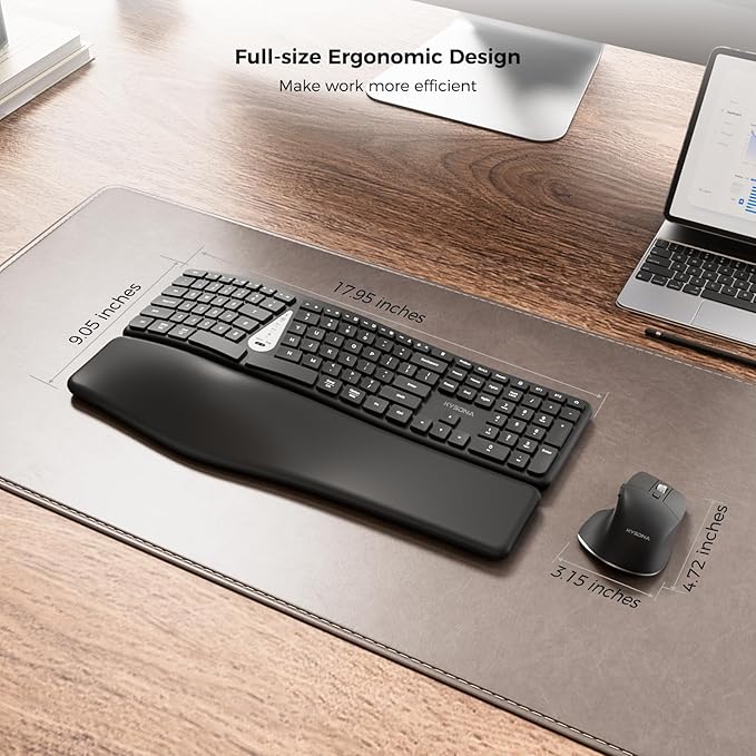 KYSONA Ergonomic Keyboard Mouse Wireless Combo, Full Size Bluetooth Split Keyboard with Wrist Rest, 4 Level DPI Ergo Mouse for Windows Mac OS Computer, Black