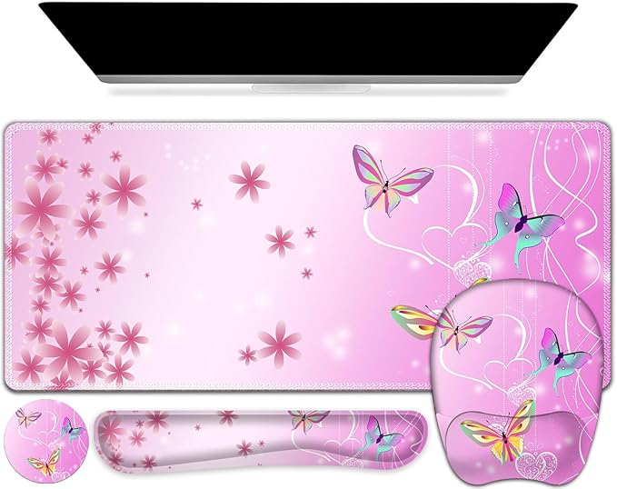 Mouse Pad with Wrist Support 4 in1 Set, XXL Big Game Mousepad + Keyboard Wrist Rest + Mouse Wrist Rest Pad +Coaster Gaming Mat for Work Study Home Office I Gradient Pink Butterfly Flower