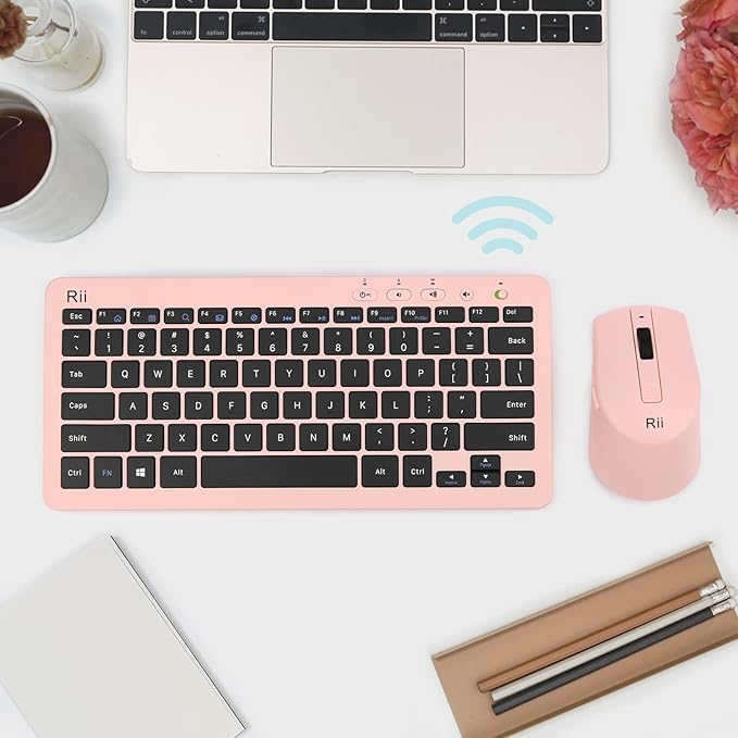 Rii RKM709 2.4 Gigahertz Ultra-Slim Wireless Keyboard and Mouse Combo, Multimedia Office Keyboard for PC, Laptop and Desktop,Business Office(Pink)